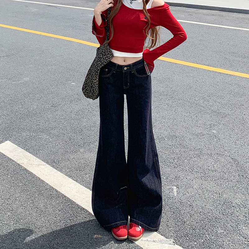 Straight Casual flare pants navy blue jeans for women