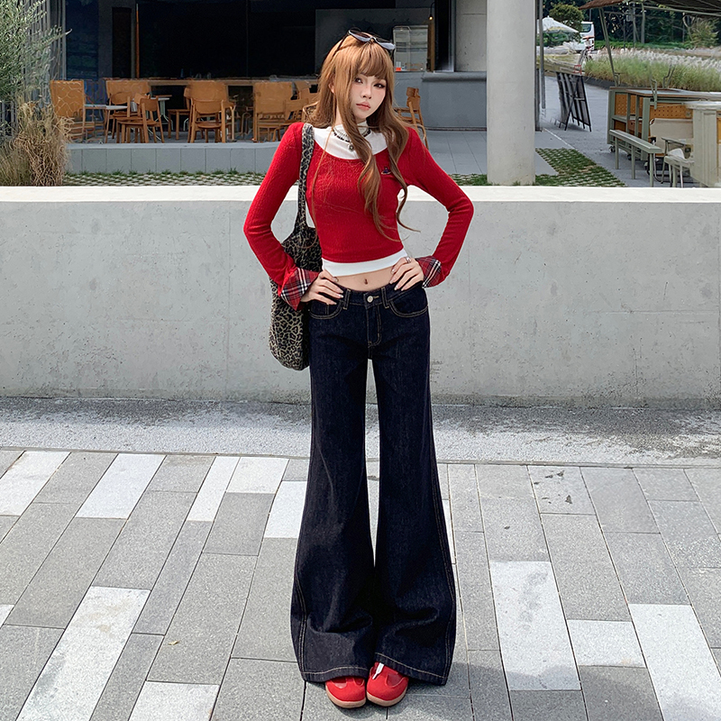 Straight Casual flare pants navy blue jeans for women