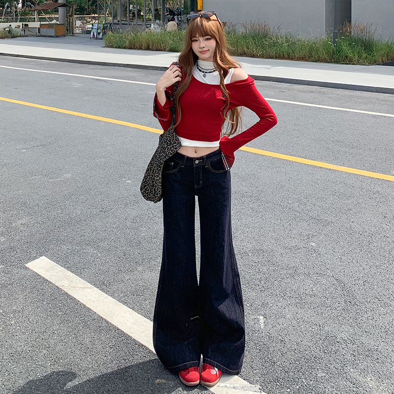 Straight Casual flare pants navy blue jeans for women