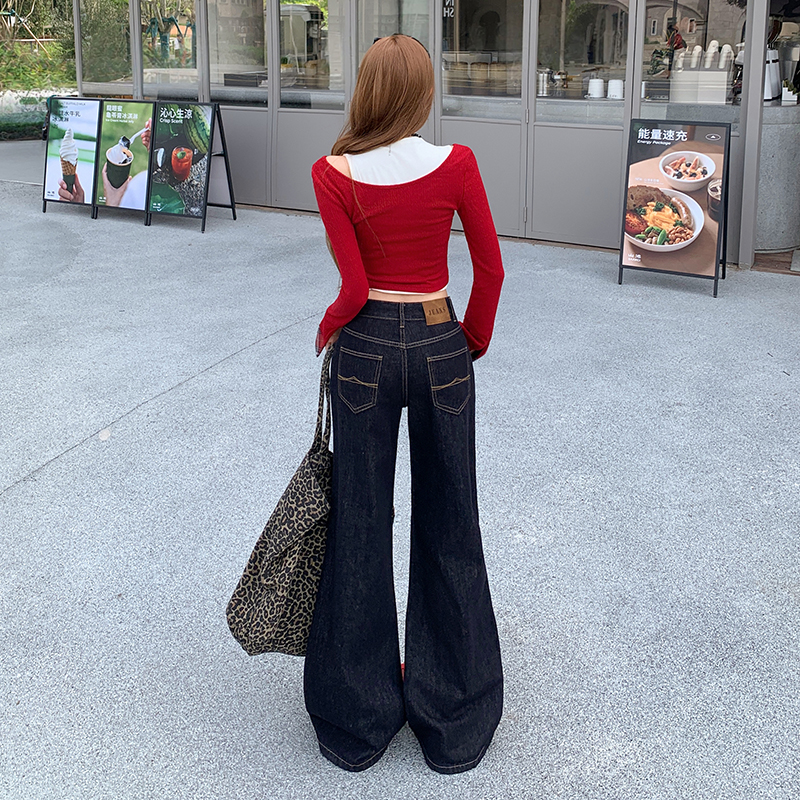 Straight Casual flare pants navy blue jeans for women