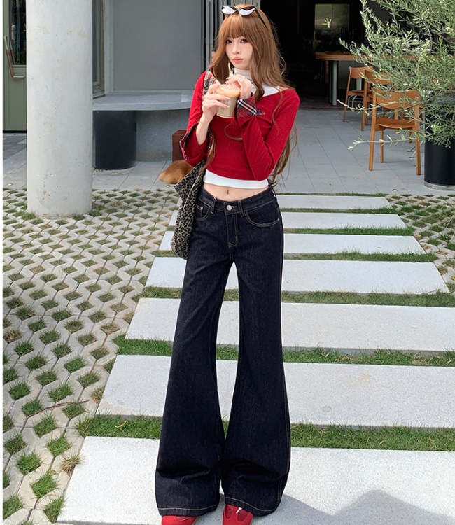 Straight Casual flare pants navy blue jeans for women