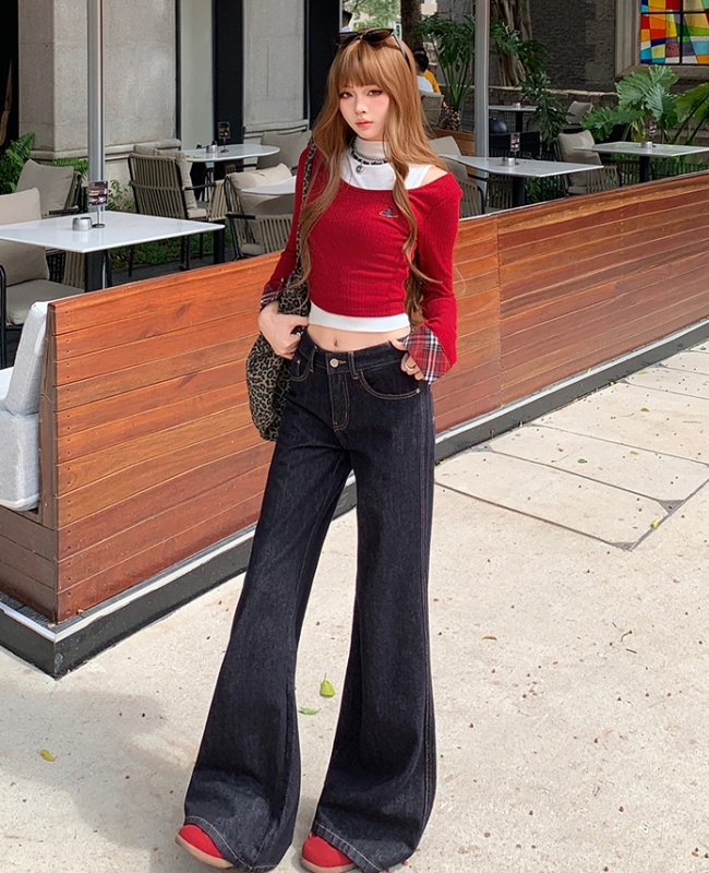 Straight Casual flare pants navy blue jeans for women