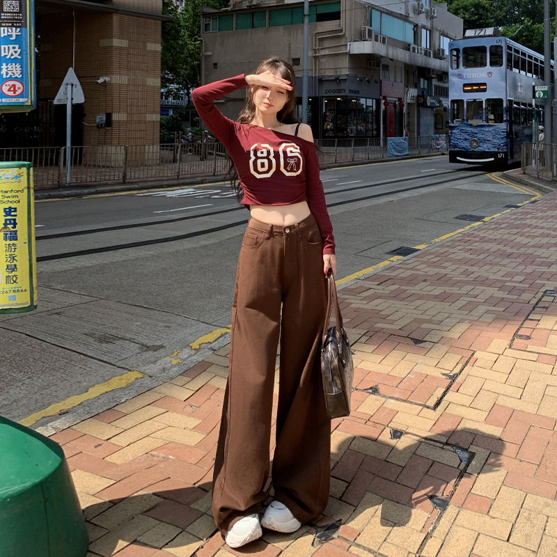 Brown wide leg Korean style loose mopping pants