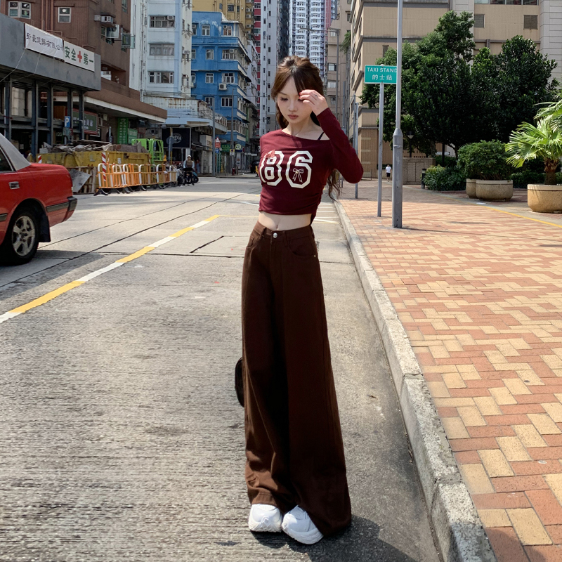 Brown wide leg Korean style loose mopping pants
