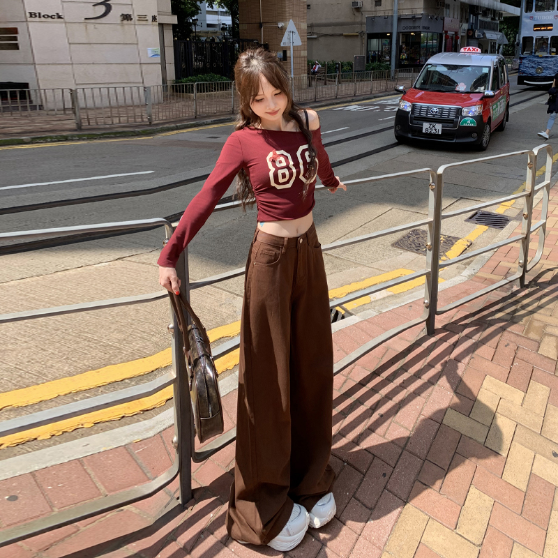 Brown wide leg Korean style loose mopping pants