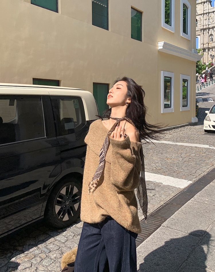 Korean style niche flat shoulder sweater for women