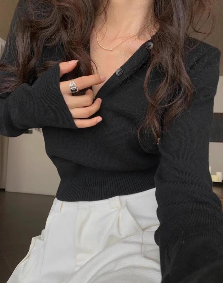 Yellow short slim tops thin V-neck hooded sweater