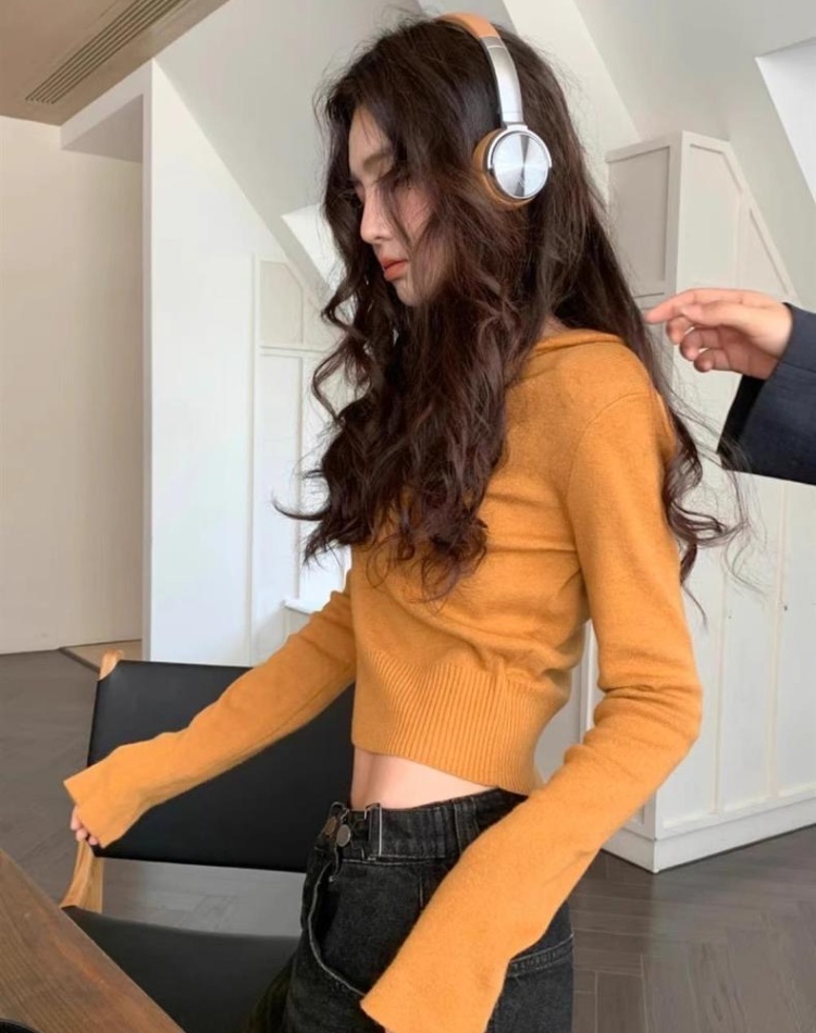 Yellow short slim tops thin V-neck hooded sweater