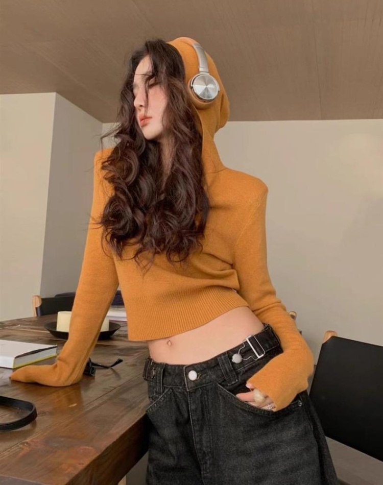 Yellow short slim tops thin V-neck hooded sweater