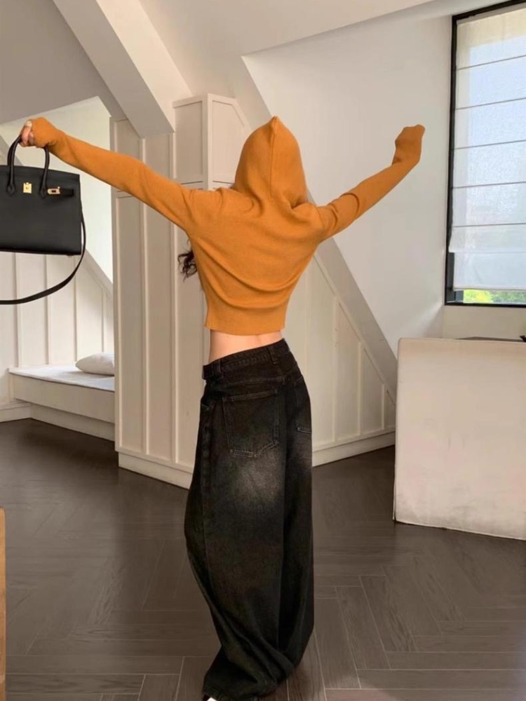 Yellow short slim tops thin V-neck hooded sweater