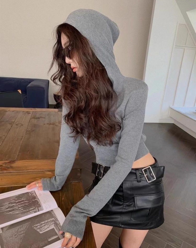 Yellow short slim tops thin V-neck hooded sweater