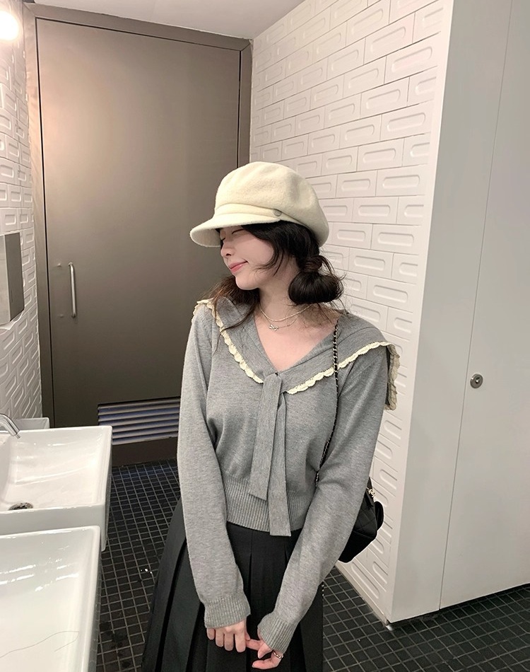 Autumn maiden slim sweater navy collar lace long sleeve tops