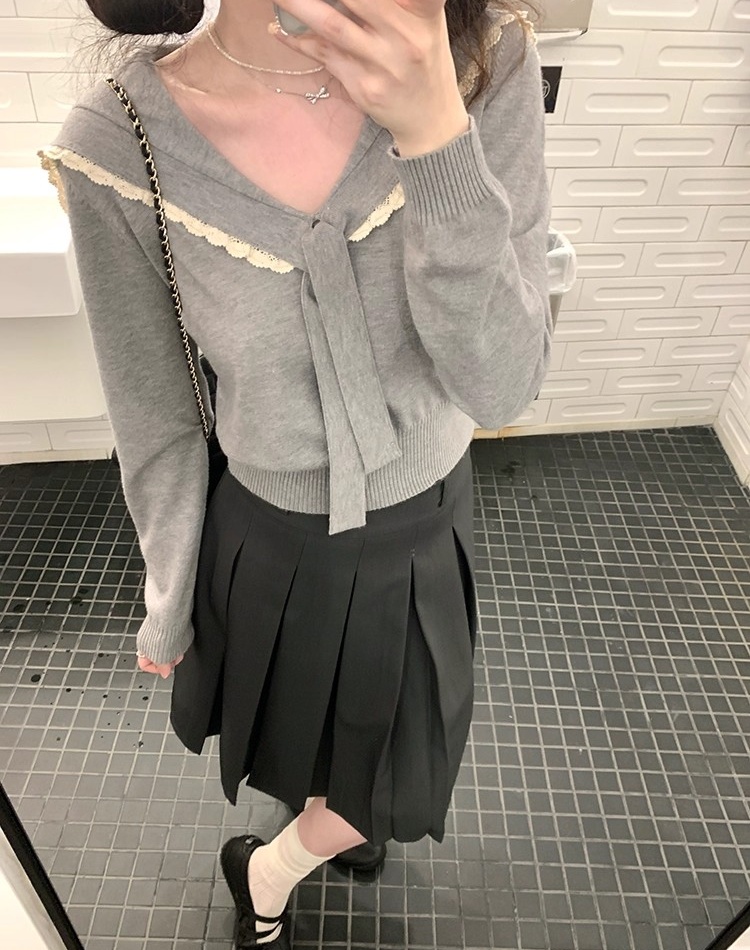 Autumn maiden slim sweater navy collar lace long sleeve tops