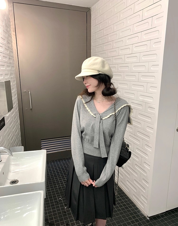 Autumn maiden slim sweater navy collar lace long sleeve tops