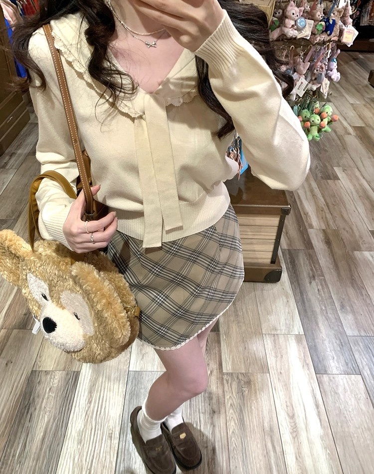 Autumn maiden slim sweater navy collar lace long sleeve tops