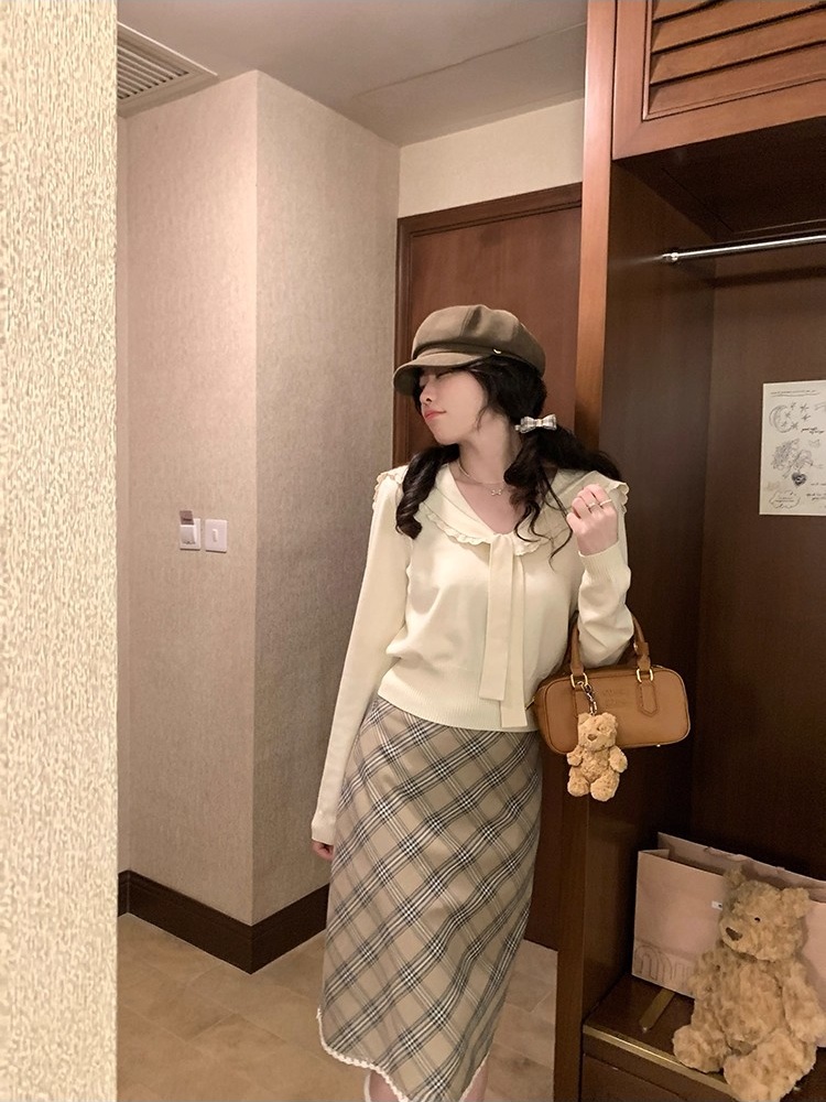 Autumn maiden slim sweater navy collar lace long sleeve tops