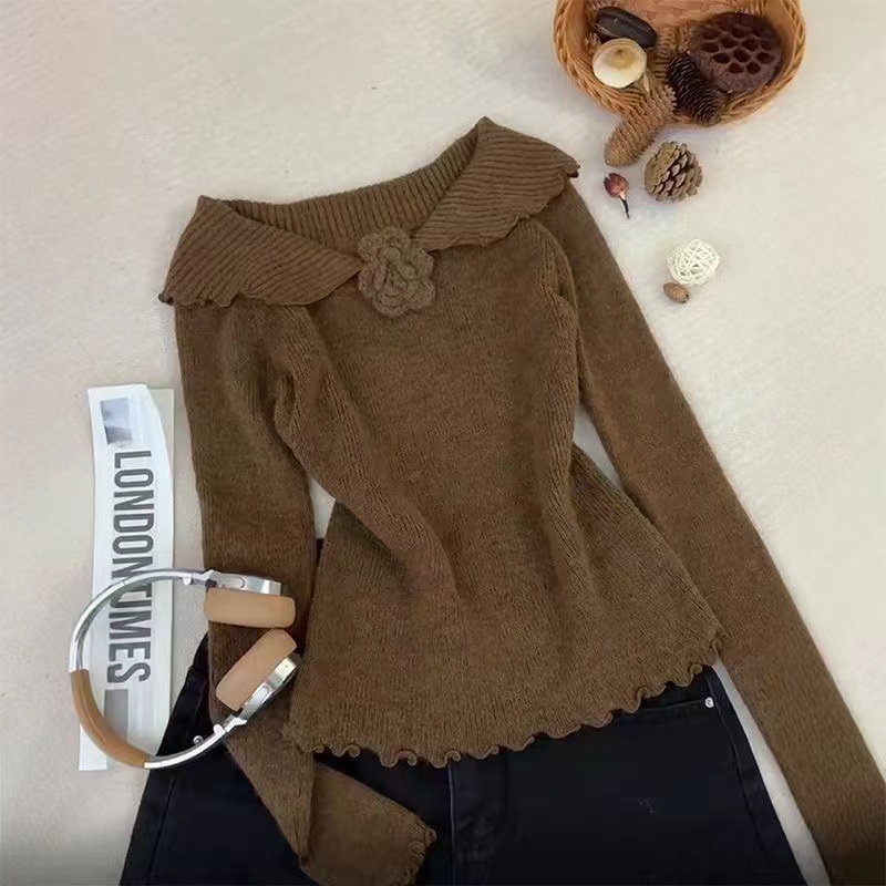 Autumn and winter tops flat shoulder sweater for women