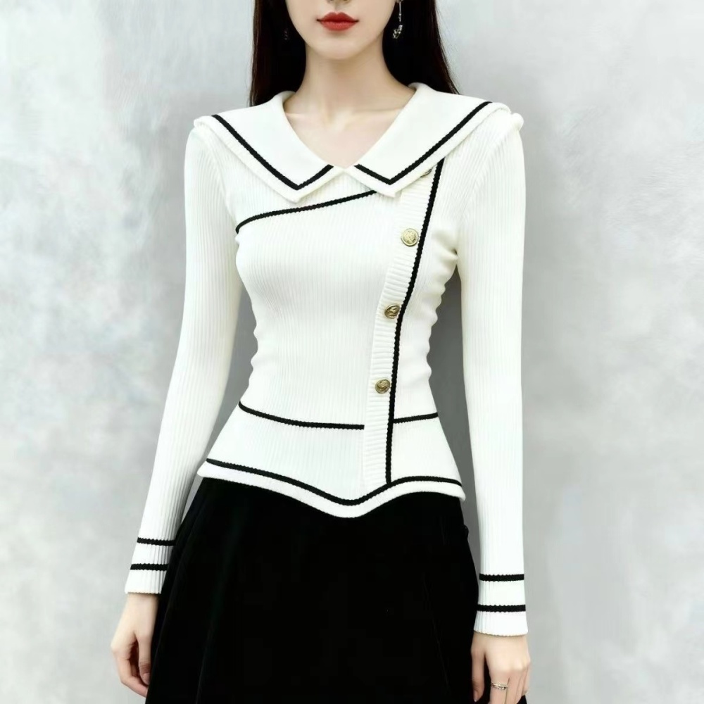 Elegant navy collar slim all-match sweater for women
