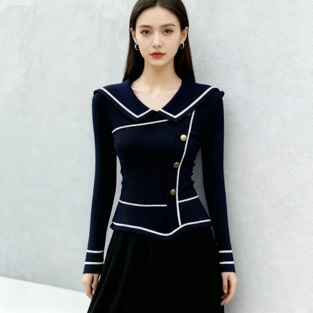 Elegant navy collar slim all-match sweater for women