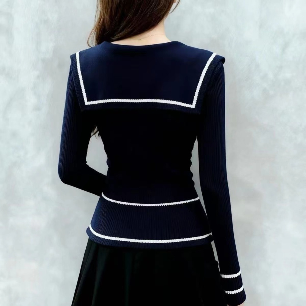 Elegant navy collar slim all-match sweater for women