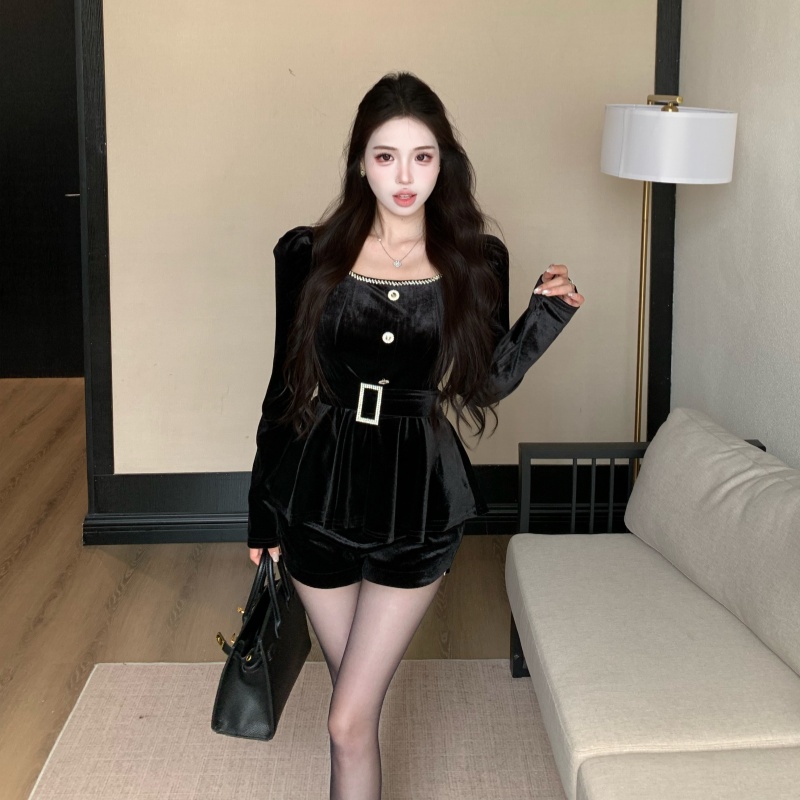 France style temperament slim short rhinestone tops a set