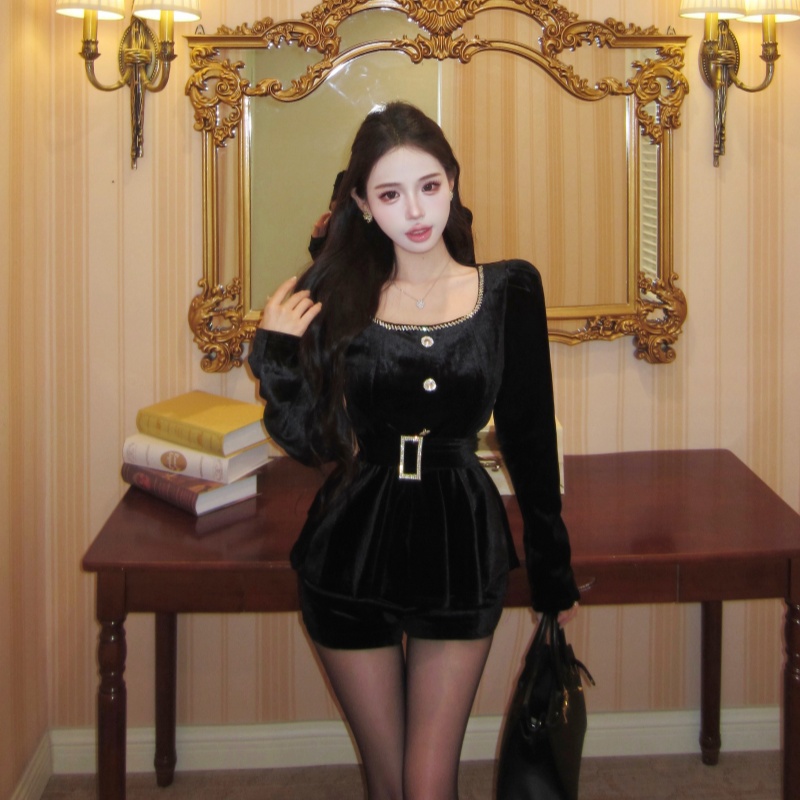 France style temperament slim short rhinestone tops a set