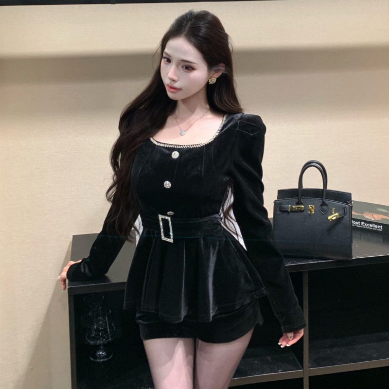 France style temperament slim short rhinestone tops a set