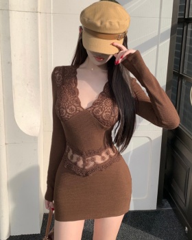 Knitted spicegirl lace hollow splice V-neck short dress