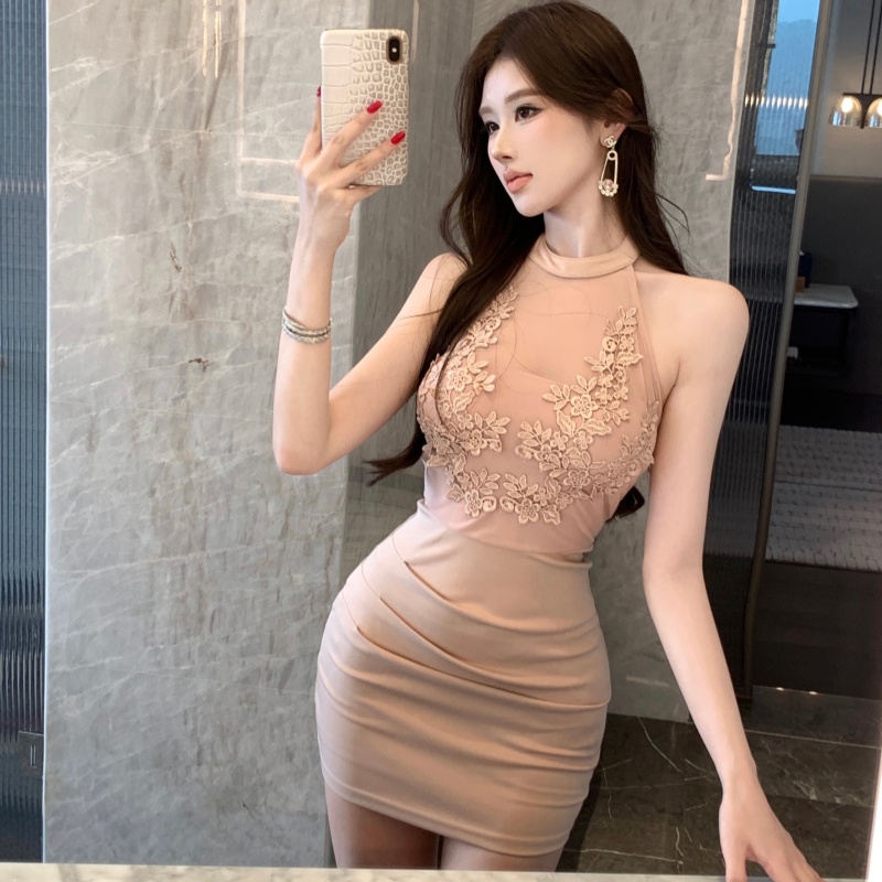 Splice lace flowers halter tender gauze dress