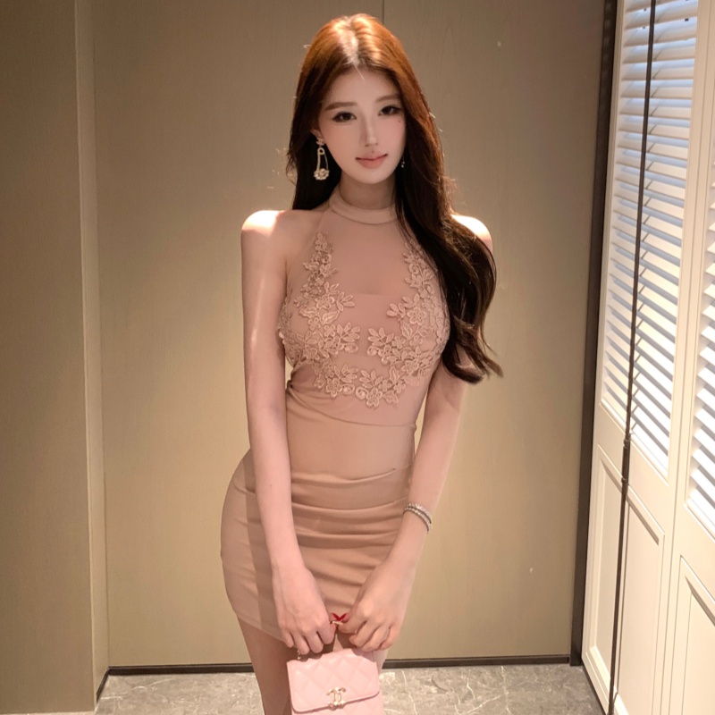 Splice lace flowers halter tender gauze dress