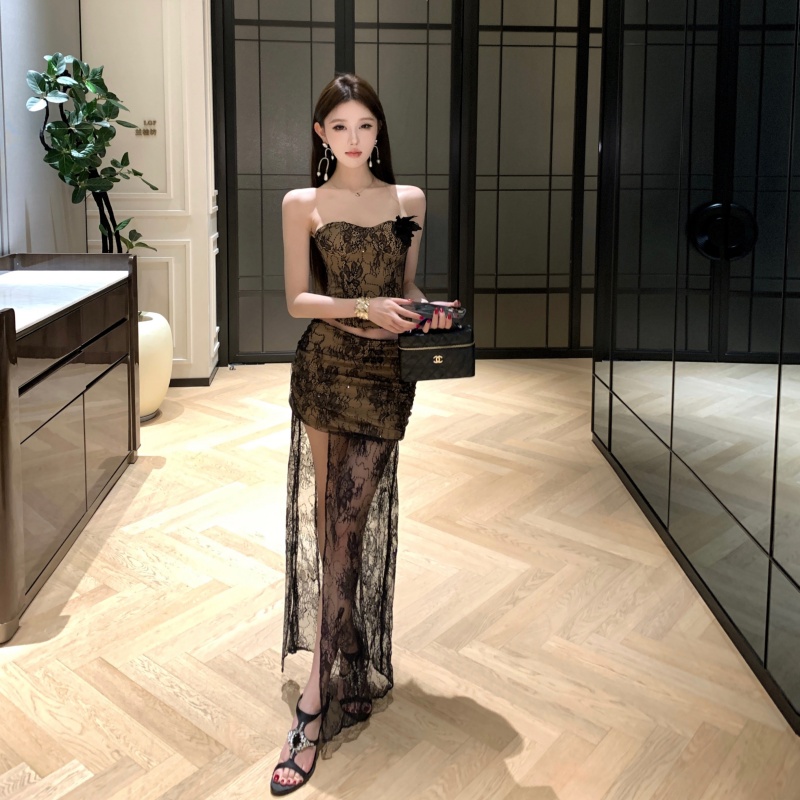 Slim wrapped chest skirt high split lace tops a set