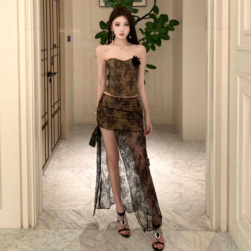 Slim wrapped chest skirt high split lace tops a set