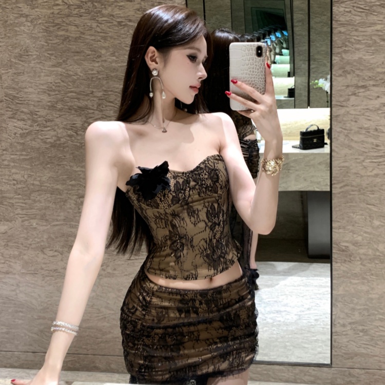 Slim wrapped chest skirt high split lace tops a set