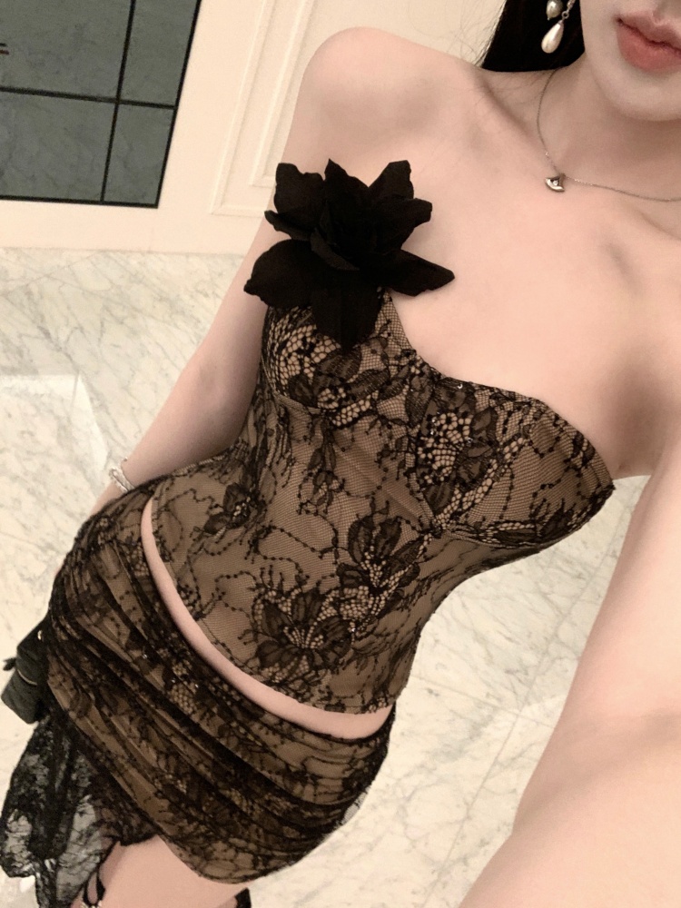 Slim wrapped chest skirt high split lace tops a set