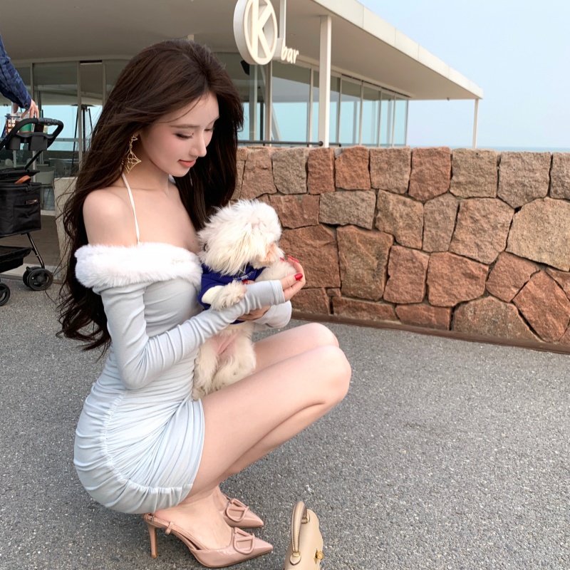 Horizontal collar chouzhe slim halter short dress