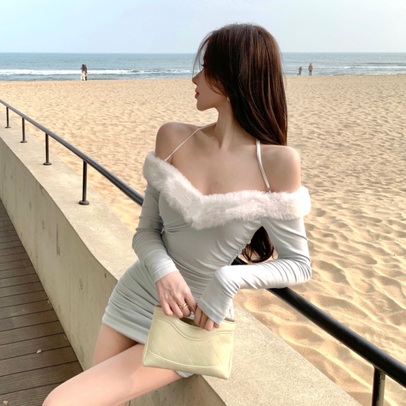 Horizontal collar chouzhe slim halter short dress