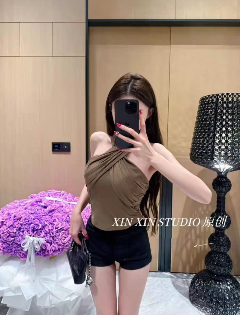 Halter cross slim tops thermal chest pad sueding vest