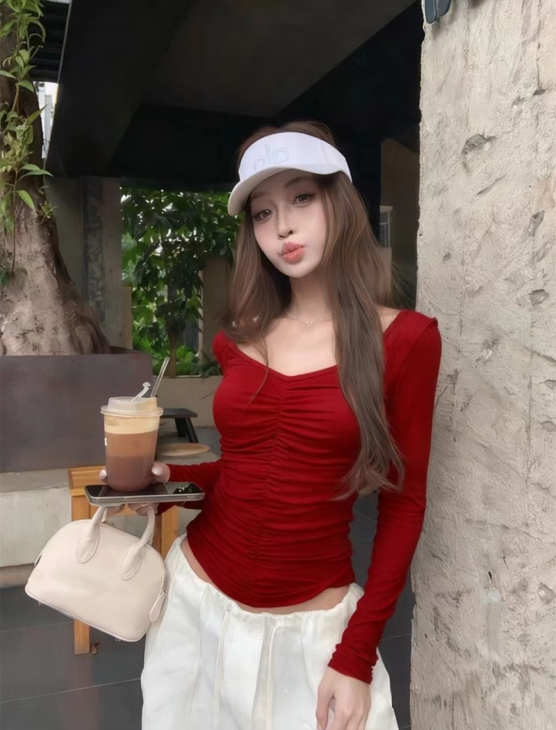 Autumn long sleeve T-shirt all-match fold fixed belt