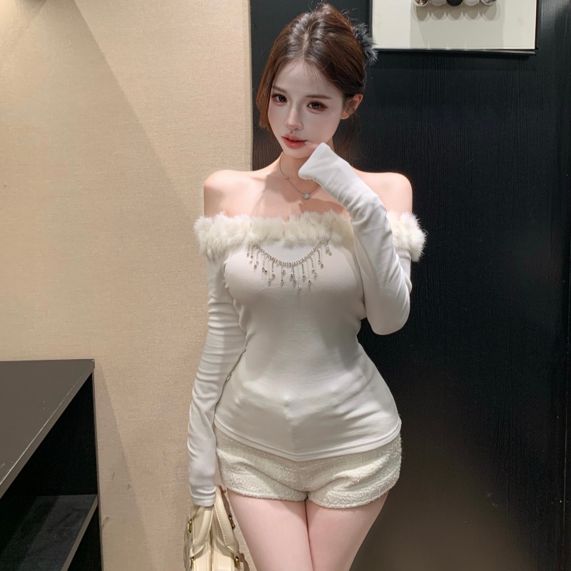 Long sleeve strapless tops flat shoulder bottoming shirt