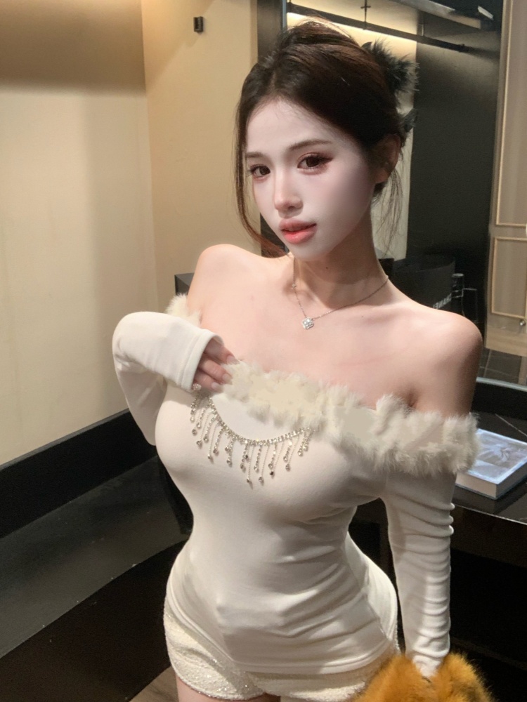 Long sleeve strapless tops flat shoulder bottoming shirt