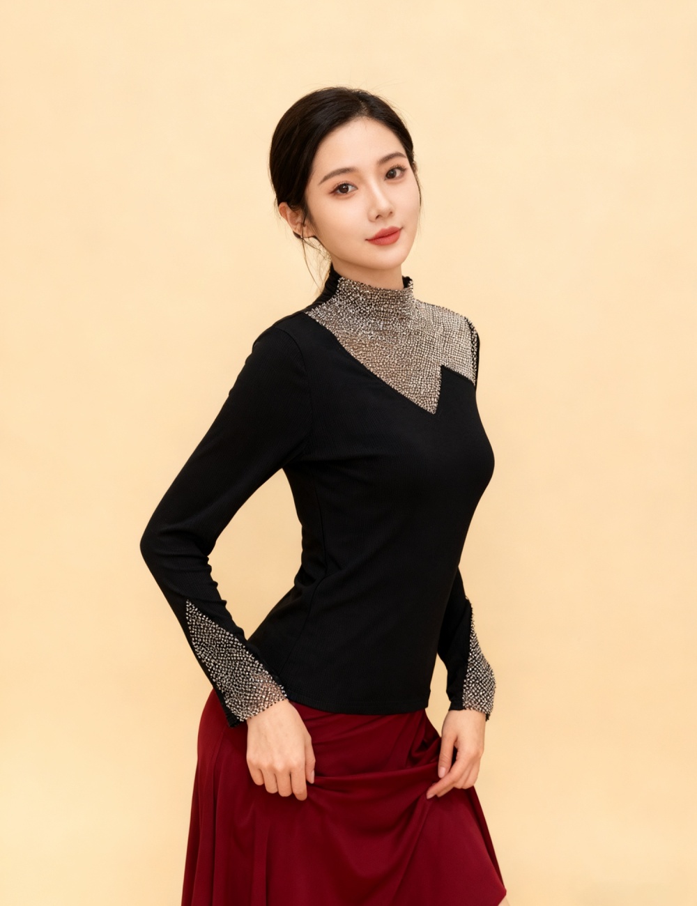 Double rhinestone tops bottoming small shirt for women