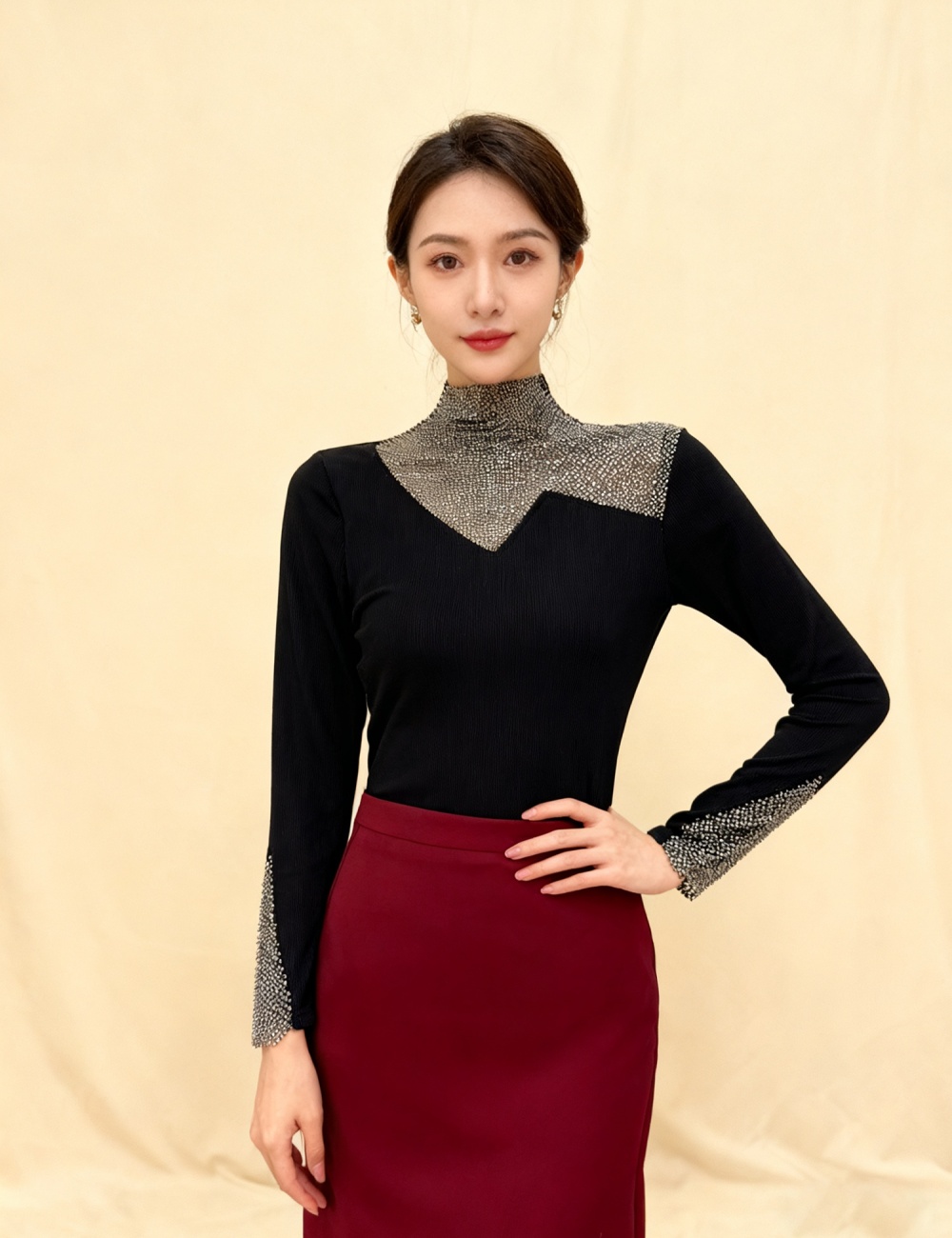 Double rhinestone tops bottoming small shirt for women