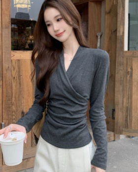 Dark-gray simple T-shirt autumn and winter V-neck tops