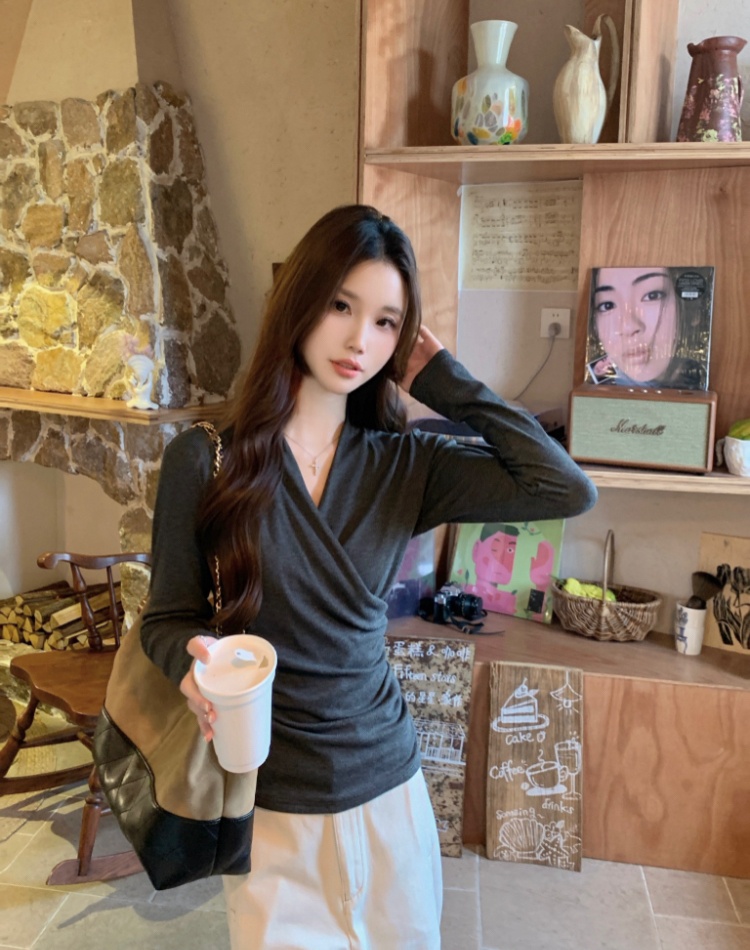 Dark-gray simple T-shirt autumn and winter V-neck tops