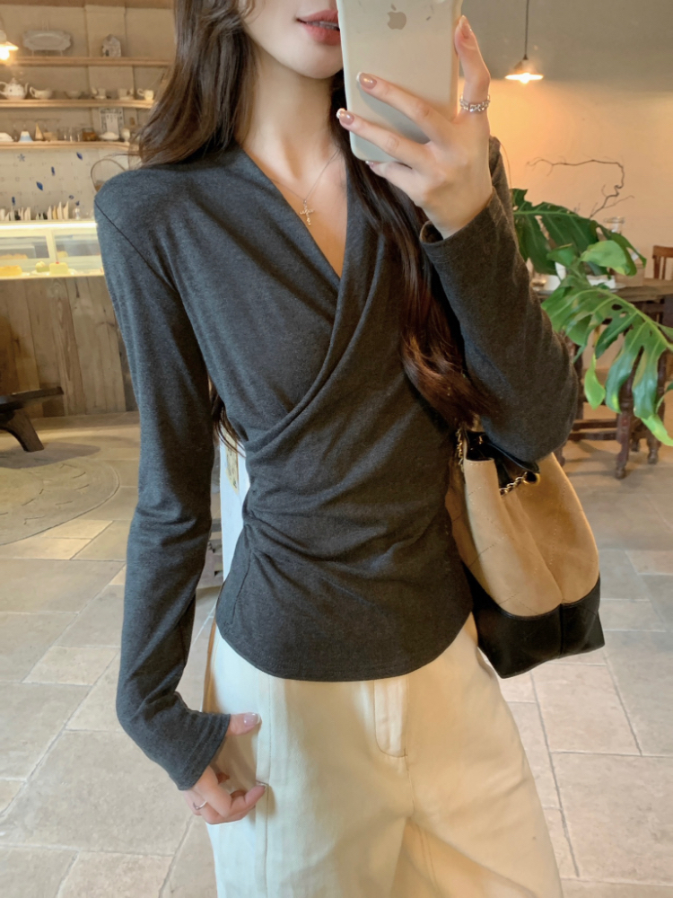 Dark-gray simple T-shirt autumn and winter V-neck tops