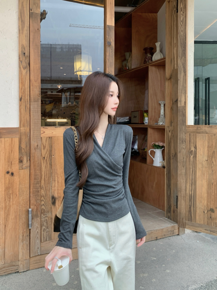 Dark-gray simple T-shirt autumn and winter V-neck tops