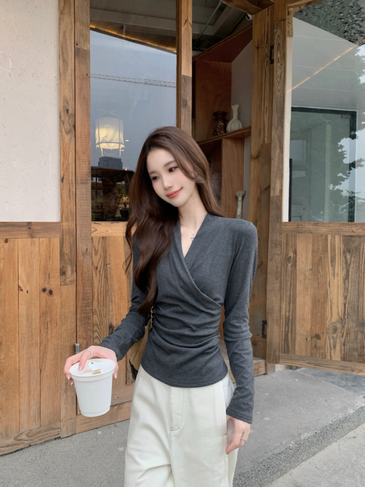 Dark-gray simple T-shirt autumn and winter V-neck tops
