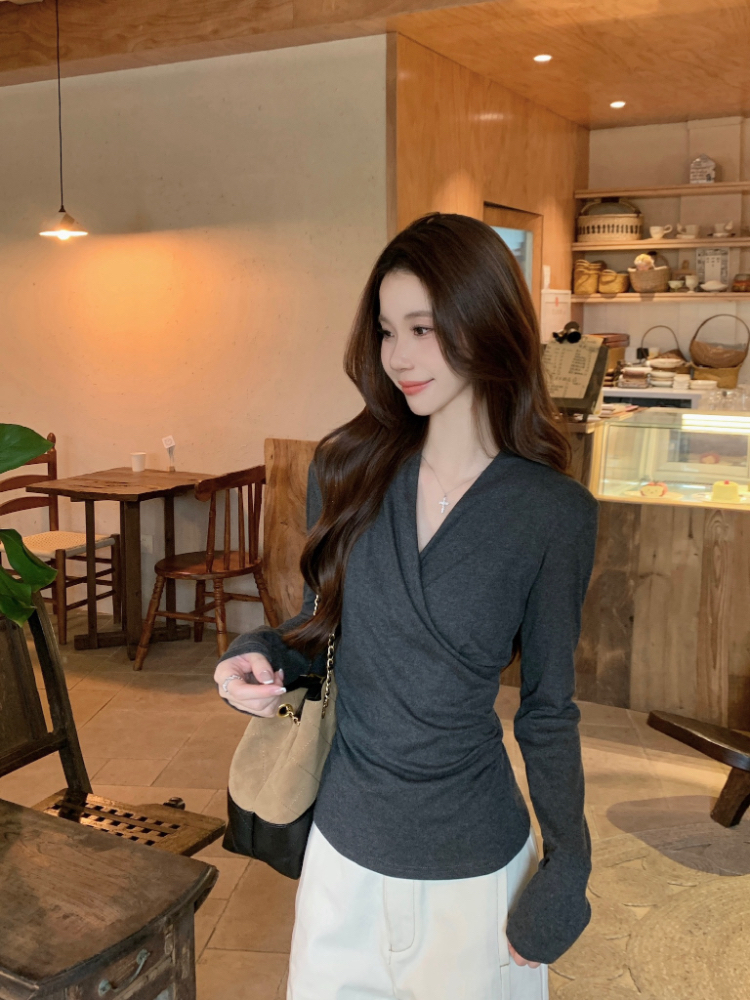 Dark-gray simple T-shirt autumn and winter V-neck tops