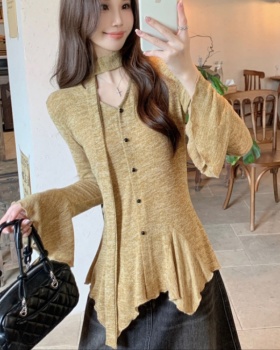 V-neck temperament tops trumpet sleeves Korean style shirt