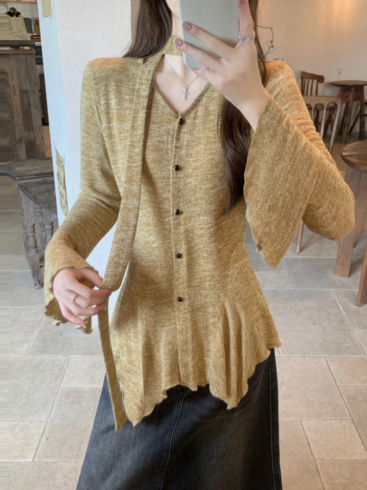 V-neck temperament tops trumpet sleeves Korean style shirt